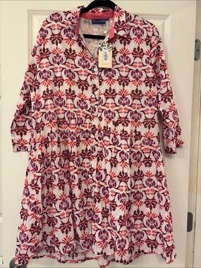 Ro’s Garden Deauville Teresina Pink 100% Cotton Shirt Dress Size L Cottagecore